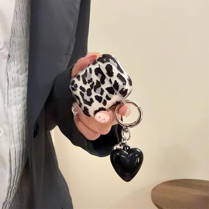 Silicone Case for AirPods 1st/2nd Generation,Women's Translucent Black Leopard Shockproof Cover with Adjustable Neck Strap & Keychain, Travel-Friendly Protective Case with Non-Slip Grip