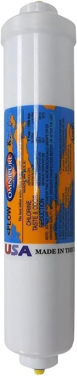 Omnipure K2551-KK Inline Water Filter 3/8 Inch Quick Connect Tubing 1/2 Calcite 1/2 Corosex Cartridge Raises Low pH Enhances Taste and Protects RO Systems 2 x 10 Inch Made in USA