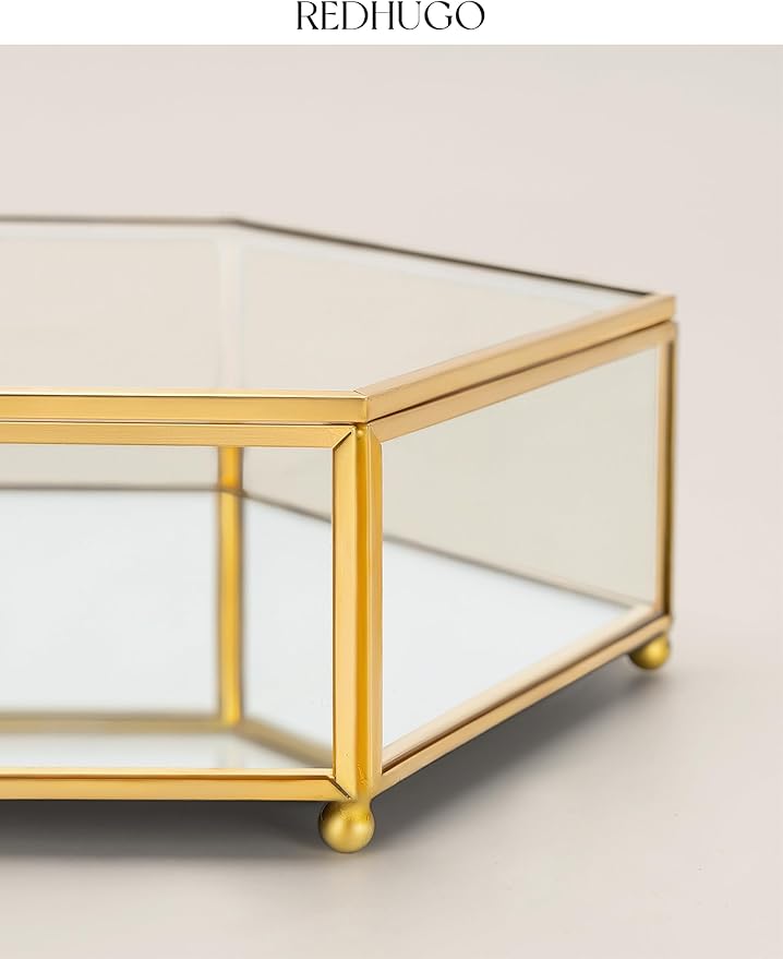 Hexagon Glass Box for Display Handmade, Mirrored Bottom, Brass & HD-Glass Geometric Jewelry Box with Lid for Trinkets, Photos, Books - Multipurpose Keepsake Organizer, Home Decor, Gold