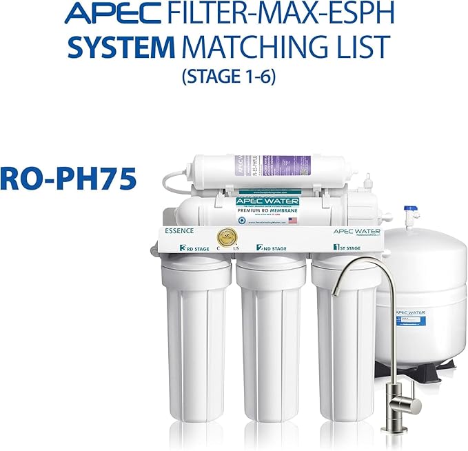 APEC Essence Series Alkaline Replacement Filter Kit for ROES-PH75 Reverse Osmosis System, 6 Stage RO Filter Set with RO Membrane and pH Remineralization Filter, 75 GPD Under Sink System