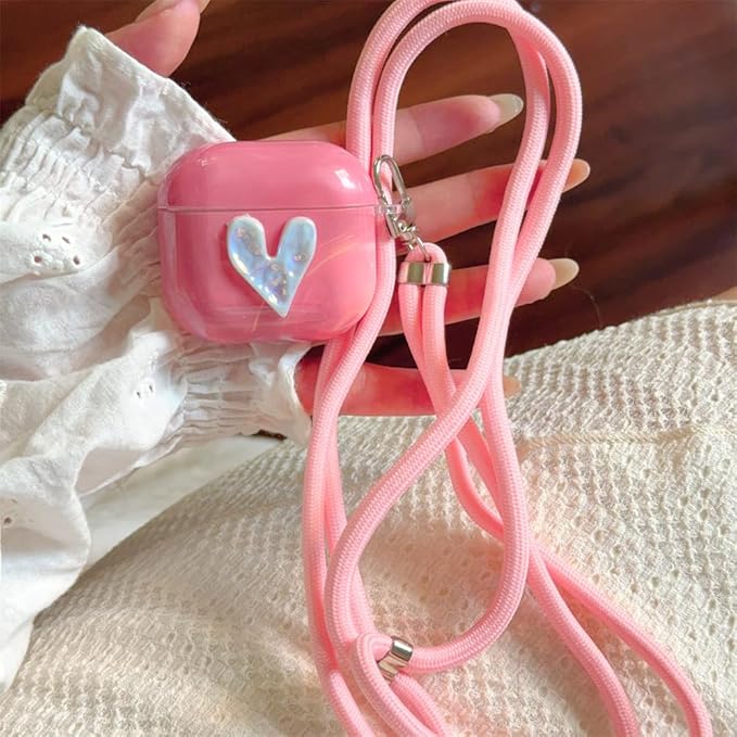 AirPods 4 Case with Neck Strap - Pink Marble Heart Design, Shockproof Silicone Protective Cover for Women Travel, Compatible with AirPods 4/4(2024 NC) & Detachable Keychain,Cute