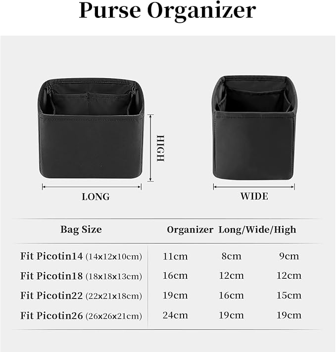 Purse Organizer Insert for Picotin 18/22, Satin Bag Organizer for Picotin Bags, Lightweight Purse Essentials for Women Luxury Handbags, Soft Touch Inner Liner with Multiple Pockets (Black, PC18)