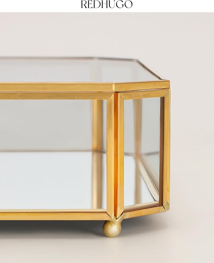 Large Glass Boxes for Display Handmade, Mirrored Bottom, Glass Jewelry Box with Lid, Trinket Box Book Photo Keepsake Organizer, Display Case for Vanity Decor Home Dresser, Octagon, Gold