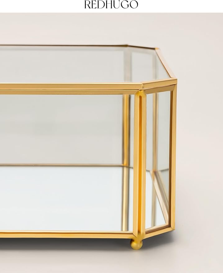 Large Glass Boxes for Display Handmade, Mirrored Bottom, Glass Jewelry Box with Lid, Trinket Box Book Photo Keepsake Organizer, Display Case for Vanity Decor Home Dresser, Octagon, Gold