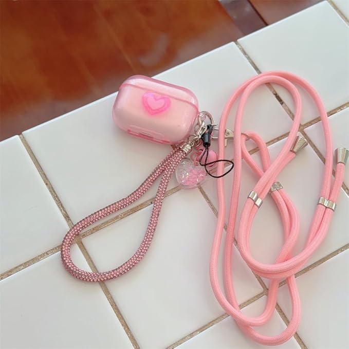 Compatible with AirPods Pro 1st/2nd Gen (2019-2023) Transparent Silicone Case, Cute Heart Design with Long Lanyard Keychain, Travel-Friendly Protective Cover for Women and Girls - Pink