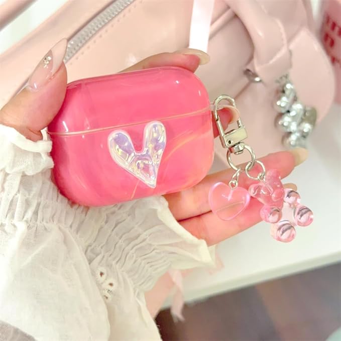 Compatible with AirPods Pro1st/2nd Gen (2023/2022/2019) Case:Pink Marble Silicone Cover with 3D Heart Design,Shockproof Protective Case with Long Adjustable Neck Strap & Keychain for Women Girls,Cute