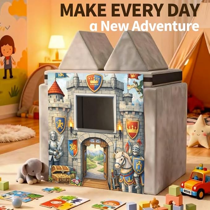 Foam Play Couch Panels - Castle Theme,Soft Sofa Accessories,Modular Play Panels,Magical Fortress Design,Knight & Dragon Art,33.5x37 Inches