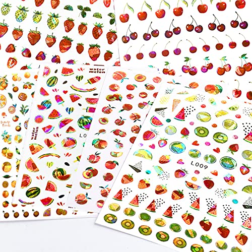 Fruits Nail Art Stickers 3D Self-Adhesive Nail Decals, Cherry Strawberry Watermelon Peach Orange Nail Sticker Decoration, Laser Glitter Nail Design for Women Girls Manicure Tips Nails Decal (6 Sheets)