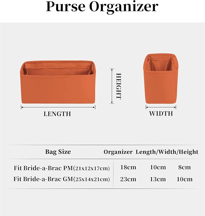 Purse Organizer Insert for Bride A Brac PM, Lightweight & Portable Handbag Organizer, Satin Bag Insert with Practical Pockets, Bag Accessories for Women Luxury Handbags(Orange, PM)