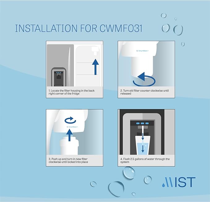 MIST Replacement for MWF Water Filter for GE, Refrigerator Water Filter compatible with MWFP, MWFA, GWF, HWF, Smart Water, WFC1201, Kenmore 9991, 469991, WFC1201, GSE25GSHECSS (3 pack)