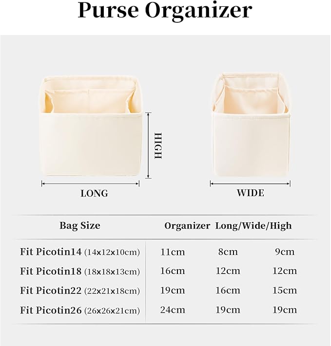 Purse Organizer Insert for Picotin 18/22, Satin Bag Organizer for Picotin Bags, Lightweight Purse Essentials for Women Luxury Handbags, Soft Touch Inner Liner with Multiple Pockets (Craie, PC18)