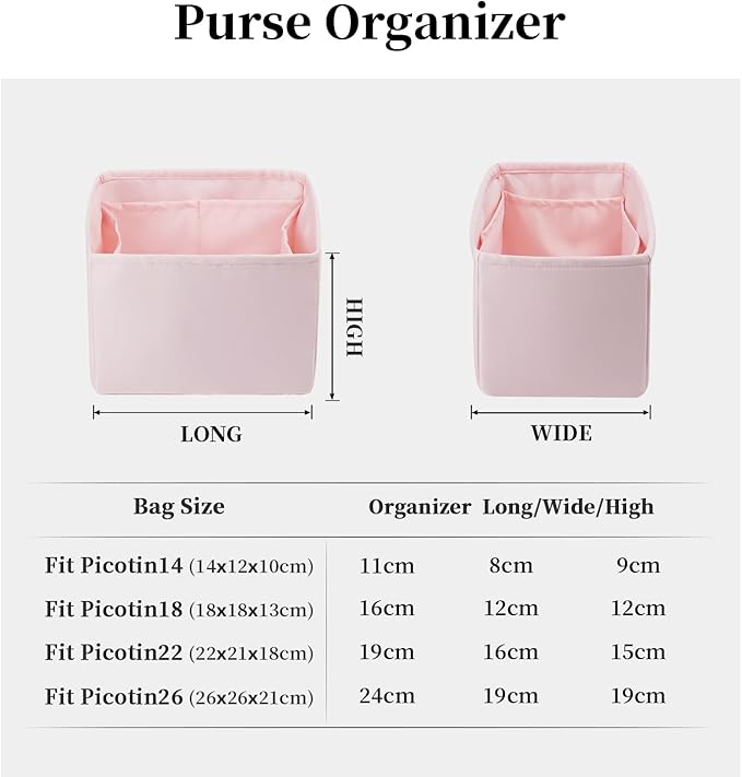 Purse Organizer Insert for Picotin 18/22, Satin Bag Organizer for Picotin Bags, Lightweight Purse Essentials for Women Luxury Handbags, Soft Touch Inner Liner with Multiple Pockets (Pink, PC18)