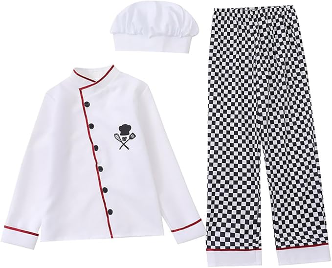 ODOLDI Kids Chef Costume - Boys Girls Coat, Pants, and Hat - 3PCS Toddler Dress Up Outfits