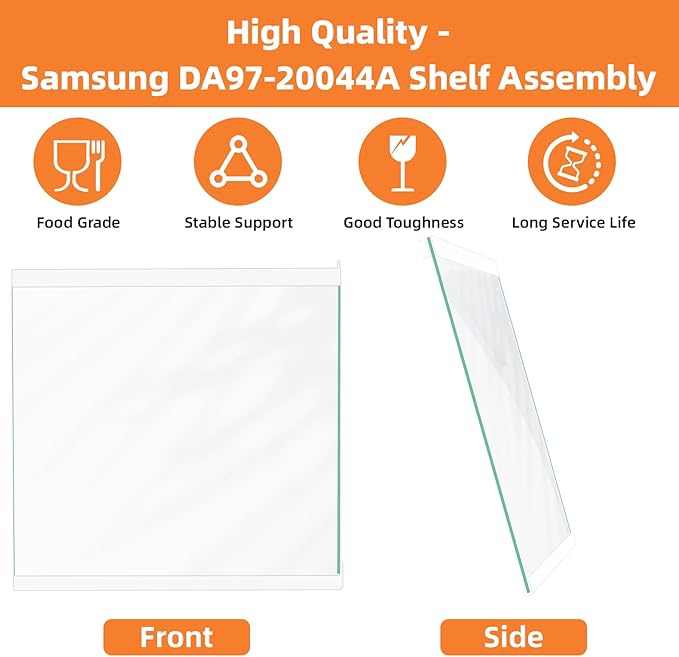 UPGRADED DA97-20044A Refrigerator Glass Shelf For Samsung Fridge Shelf Replacement RF28R7201SR RF28R7351SR RF28R7551SR Fixed Left Middle Shelves Assembly Samsung Refrigerator Parts White Metal Edge
