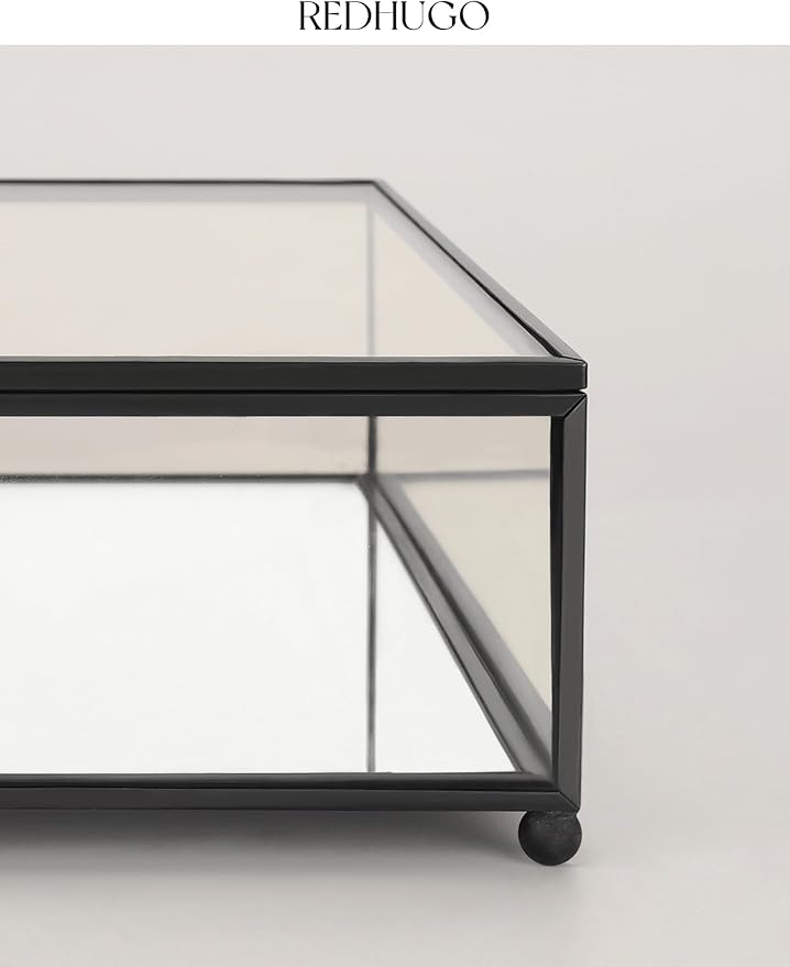Large Glass Boxes for Display Handmade, Mirrored Bottom, Glass Jewelry Trinket Box with Lid, for Book Photo Keepsake Organizer Display Case for Vanity Decor Home, 10.4"L x 8.5"W x 3.7"H, Black