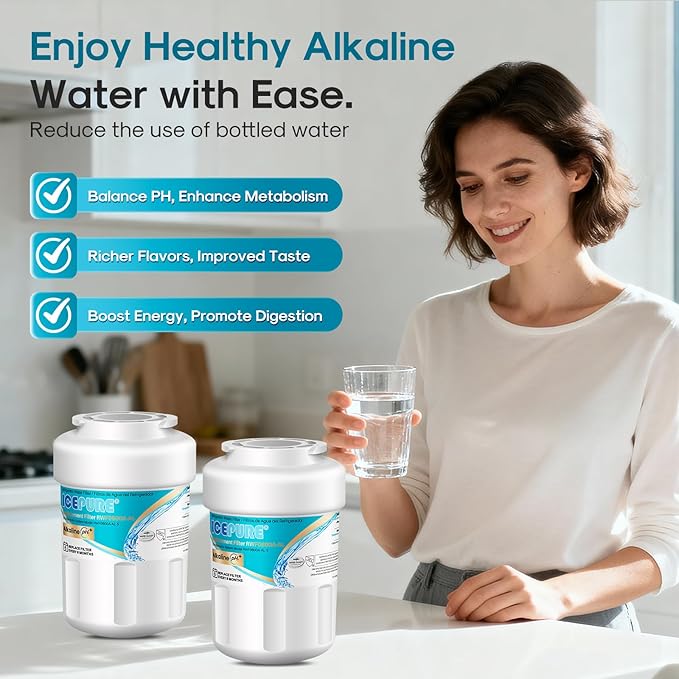 ICEPURE Alkaline RWF0600A-AL Refrigerator Water Filter Replacement for GE MWF, MWFA, MWFINT, MWFP, GWF, 46-9991, Kenmore® 9991, WFC1201, GSE25GSHECSS, GSH25JSDDSS, GSHS6LGBBHSS, Enhances PH, 4Pack