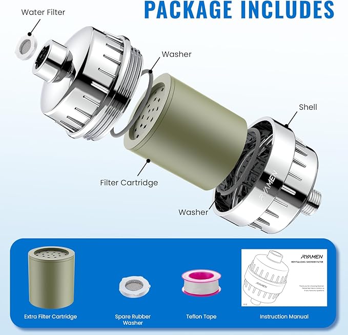 Ryamen Heavy Duty Shower Filter, Shower Water Filter, 99% REMOVAL Shower Head Filter for Hard Water, Heavy Metals, Chlorine (2 Cartridges, Silver)