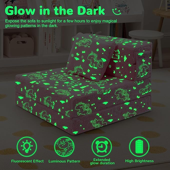 MeMoreCool Glow Pink Unicorn Tri-fold Sofa Bed for Kids, Foldable Futon Chair and Floor Couch, Convertible Trifold Mattress for Playroom