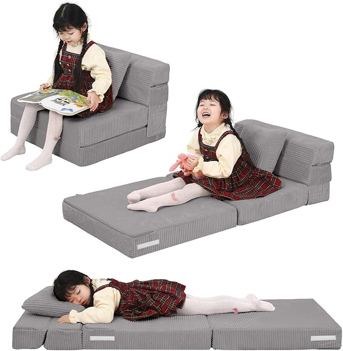 MeMoreCool Folding Sofa for Kids, Corduroy Fold Out Futon Chair, Small Foldable Floor Mattress, Portable Children Couch Sofa, Light Grey
