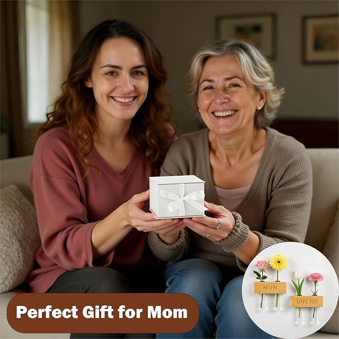Mini Magnetic Wooden Vases with Love You Engraving - Wood Blocks with Test Tubes, Tabletop & Fridge Decor, Mom Gifts from Daughter, Unique Birthday Gifts for Mom from Son(Oak)