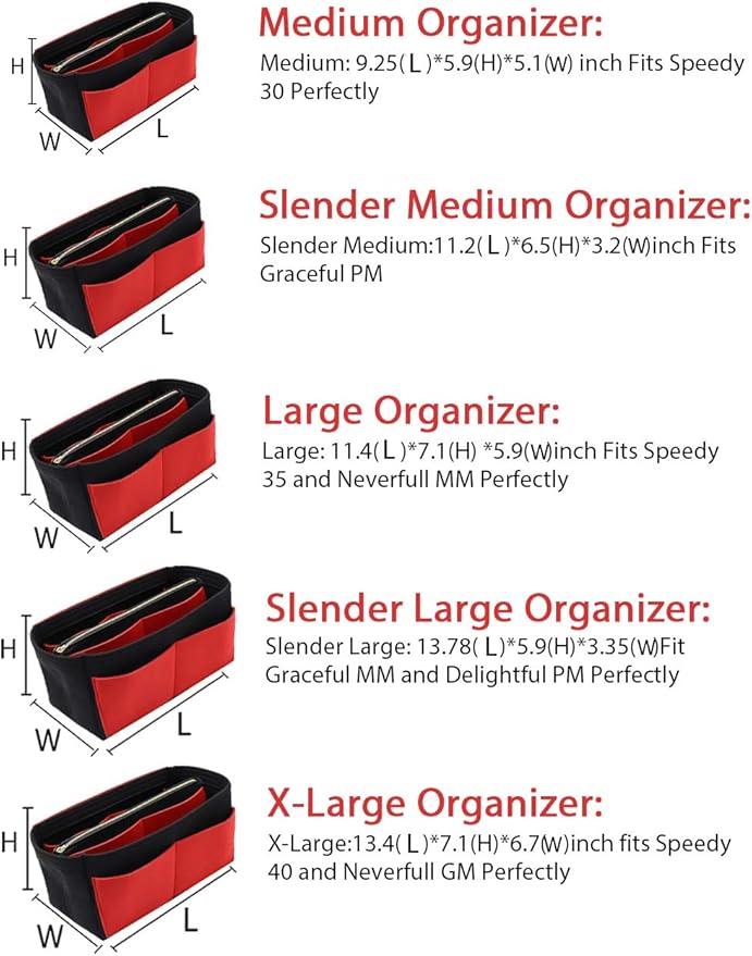 LEXSION Felt Purse Bag Organizer Insert with zipper Bag Tote Shaper Fit Speedy Neverful PM MM 8021 Black-red L2