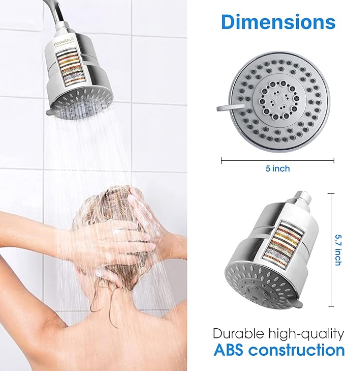 High Pressure Hard Water Shower Head Filter with Replaceable Cartridge, 20 Stage Water Softener Showerhead to Remove Chlorine and Fluoride, 5 Spray Modes for Hair and Skin Protection