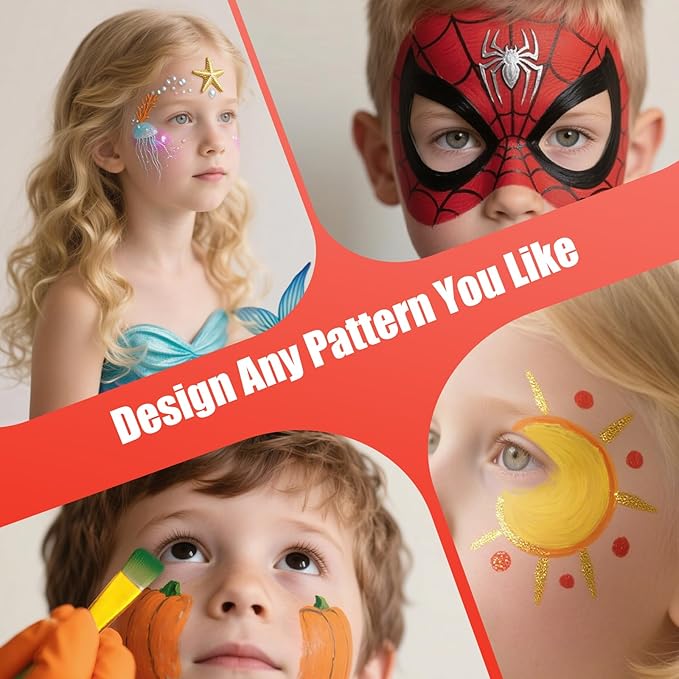 Face Painting Kit for Kids, Professional Face Paint Kit, 42 Colors Washable Facepaint Makeup Kit, Non-Toxic Face Paint with Stencils, Gems, Brushes for Halloween, Party, Birthdays, Carnival, School