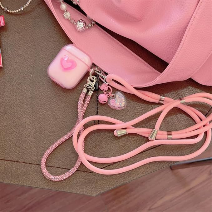 Compatible with AirPods 1st & 2nd Gen Transparent Silicone Case, Cute Pink Heart Design with Adjustable Lanyard Keychain, Travel-Friendly Protective Cover for Women & Men