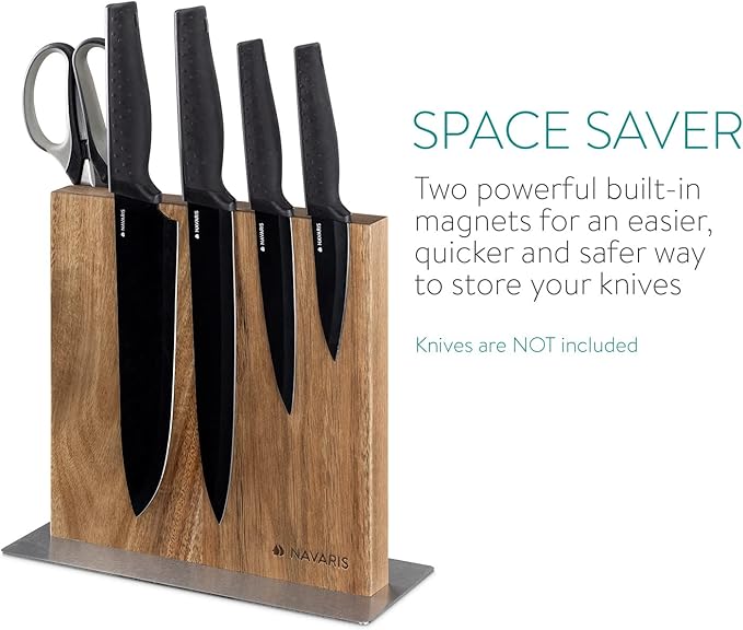 Navaris Magnetic Wooden Knife Block - Kitchen Storage with Strong Magnets for Knives & Utensils - Simple Modern Utensil Holder in Acacia Wood - 8.9" x 8.7"