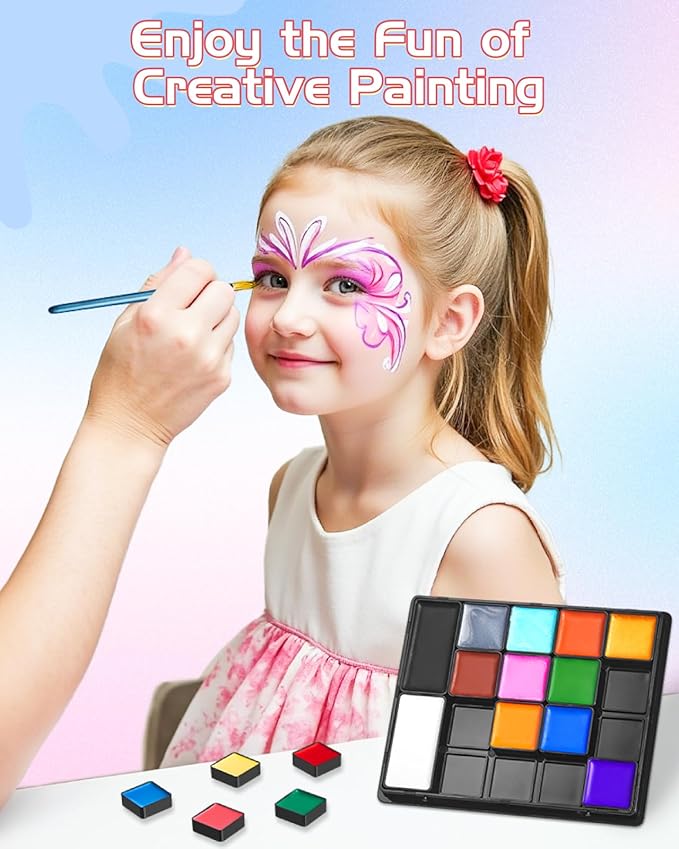 Lictin Water Based Face Paint - 18 Colors Face Painting Kit with Stencils and Brushes, Halloween Makeup Kit for Adults and Kids, Professional Non Toxic Washable