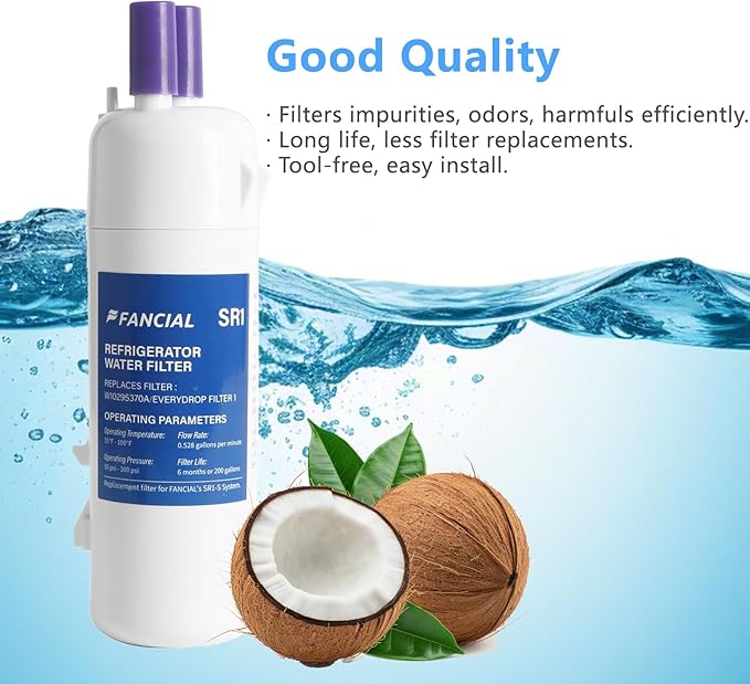 Fancial NSF Certified Water Filter, Advanced Coconut Shell Activated Carbon, for W10295370A FILTER1 EDR1RXD1 9081, P5WB2L, P4RFWB, P4RFKB2, 469081, 9930, 469930, 9930P, Removes Odor, Impurities, 1Pack