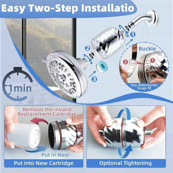 Filtered Shower Head High Pressure for Hard Water - 24 Stage Shower Filter Removes 99% Chlorine & Heavy Metals - Water Softener Showerhead with 7 Spray Settings for Dry Skin & Hair Loss