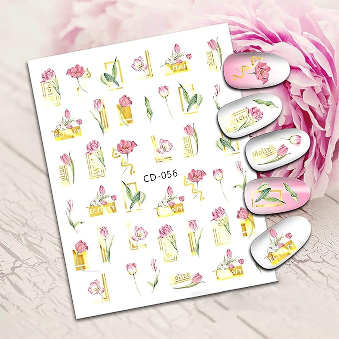 6 Sheets Colorful Flower Nail Art Adhesive Sticker 3D Self-Adhesive Nail Decals Art Design Holographic Tulip Nail Art Sticker Decoration for Women Manicure Tips Acrylic Nails DIY Nails Art Supplies