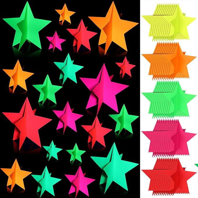45 Pcs Neon Party Decorations Glow in The Dark Star Centerpieces 3D Fluorescence Table Decor 3 Sizes 8" 5" 3" Lighted Theme Birthday Party Supplies