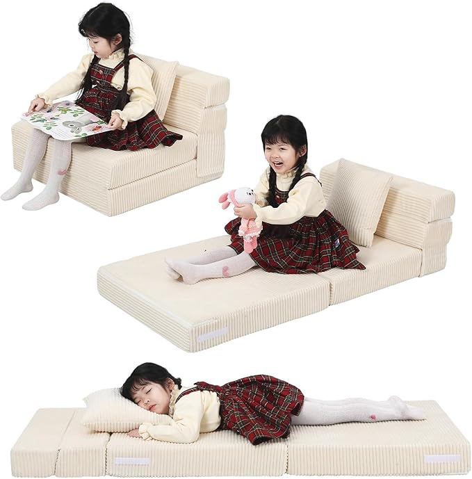 MeMoreCool Folding Sofa for Kids, Corduroy Fold Out Futon Chair, Small Foldable Floor Mattress, Portable Children Couch Sofa, Beige