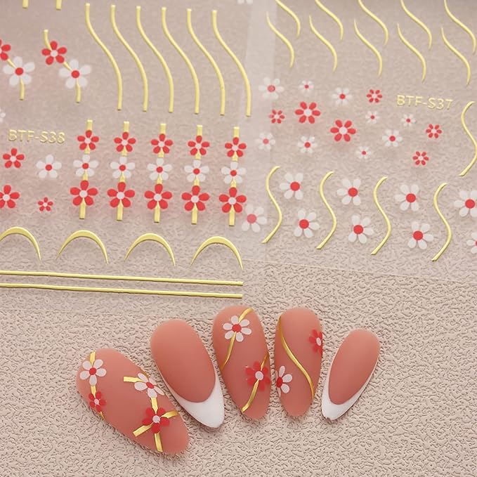TBRZTR Colorful Flower Nail Art Adhesive Sticker 3D Self-Adhesive Nail Decals Art Design Holographic Golden Lines Nail Art Sticker Decoration Manicure Tips Acrylic Nails DIY Nails Art Supplies