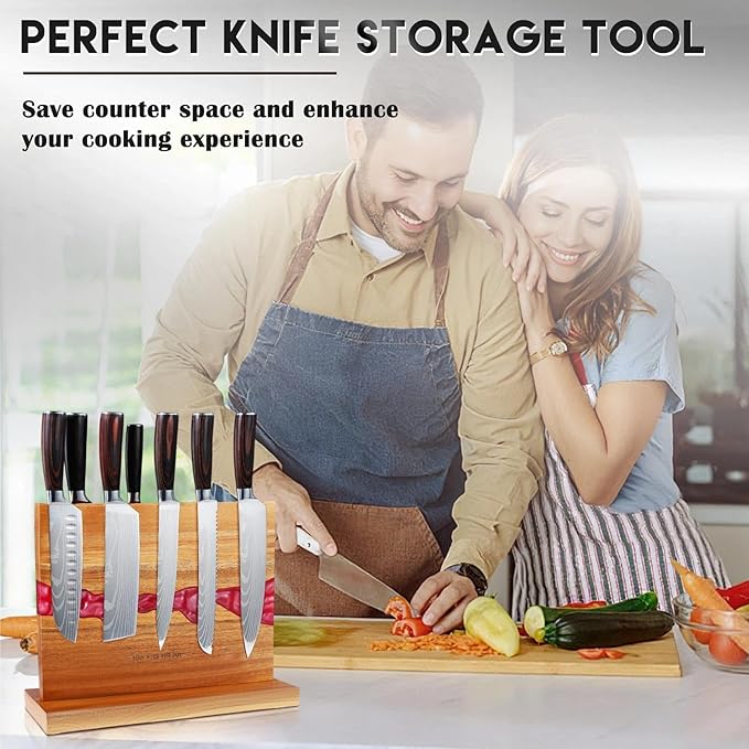 MEN WITH THE POT Magnetic Knife Block 13 x 10 Inches, Double Sided Magnetic Knife Holder Rack for Kitchen Counter Top, Space Saving Wood & Red Resin Knife Storage, Women Kitchen Essentials, Gift Box