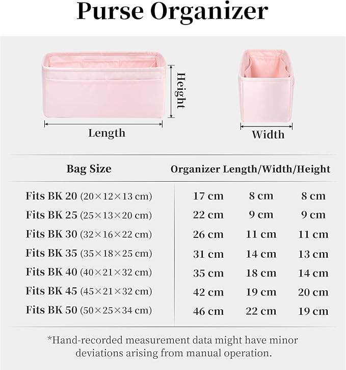 Purse Organizer Insert for Birkin 20, Lightweight & Soft Satin Organizer Insert with Pockets for Woman Bags, Ideal for Travel, Shopping, and Daily Use, Multicolor Options(Pink, BK 20)