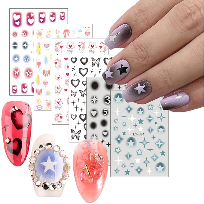 6 Sheets Heart Nail Art Adhesive Sticker 3D Self-Adhesive Nail Decals Art Design Holographic Stars Butterfly Nail Art Sticker Decoration for Women Manicure Tips Acrylic Nails DIY Nails Art Supplies
