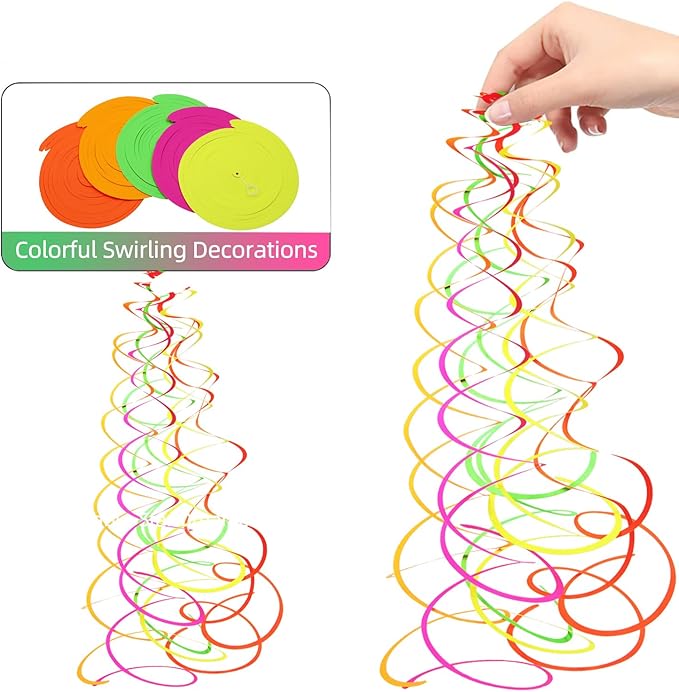 56 PCS UV Colorful Ceiling Swirl Decoration Hanging Paper Neon Streamer for Ceiling Neon Garlands Black Light Neon Decorations for Dark Glow Party Supplies and Decorations Birthday Neon Party Favors