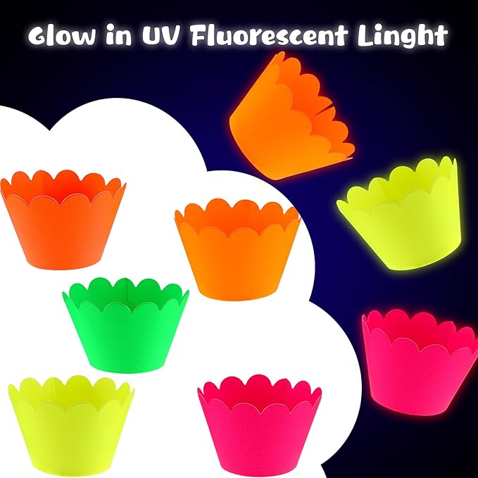 40 Pieces Glow Party Neon Party Supplies Glow Cake Toppers Neon Star Cake and Cupcake Wrappers Birthday Cupcake Pick for Glow Neon Birthday Wedding Halloween Party Black Light Reactive