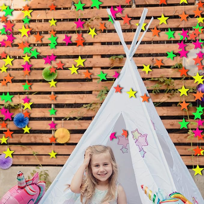 106feet Glow in The Dark Neon Star Paper Garland Under Blacklight for Birthday Party Supplies and Decorations Hanging Fluorescent Green Pink Streamers for Party Favors Wedding Accessories