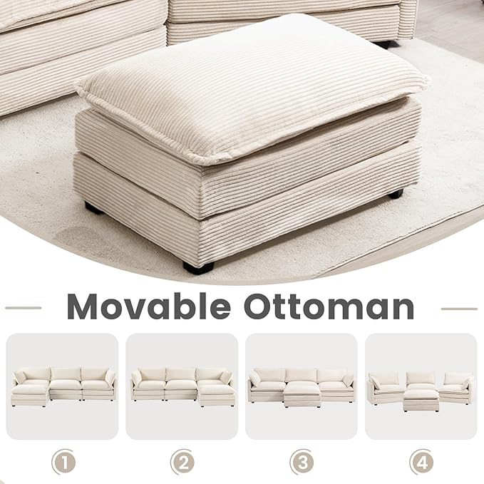 ROWHY Ottoman for Sectional Cloud Couch, Corduroy Ottoman for Deep Seat Modular Couch for Apartment, Living Room and Bedroom, Beige | Arrange Freedom, Pet-Friendly Fabric, Sturdy Frame, Ultimate Comfort, Washable Covers