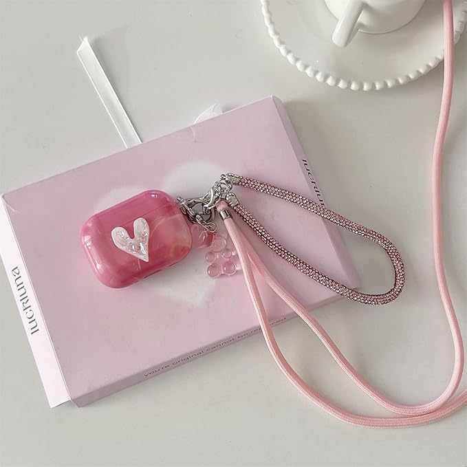 Pink Marble with 3D Raised Heart Silicone Case for AirPods Pro 3 (2025) - Cute Shockproof Cover with Detachable Long Neck Lanyard, Travel Keychain, MagSafe Compatible,for Women