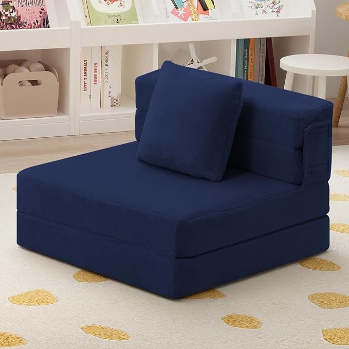 MeMoreCool Foldable Futon Chair Bed for Kids, Toddler Sofa Mattress, Convertible Foam Floor Couch, Tri-fold Sleeping Mattress (Navy)