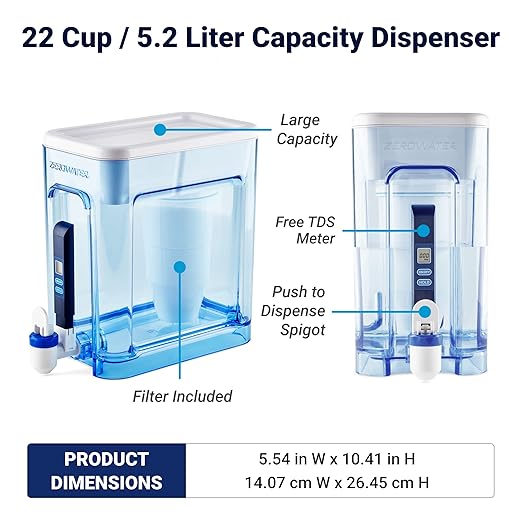 ZeroWater 10-Cup Ready-Pour 5-Stage Water Filter Pitcher 0 TDS & 22-Cup Ready-Read 5-Stage Water Filter Dispenser with Instant Read Out - 0 TDS IAPMO Certified to Reduce Lead, Chromium