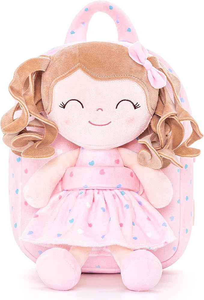 Gloveleya Toddler Backpack Baby Girl Gifts Curly Hair Plush Figures Dress Kids Backpacks Curly Hair Loving Heart Backpack - Pink Loving Heart 9inches