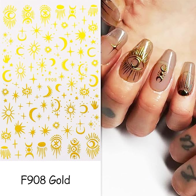 6 Sheets Gold Nail Art Adhesive Sticker 3D Self-Adhesive Nail Decals Art Design Holographic Moon Sun Stars Nail Art Sticker Decoration for Women Manicure Tips Acrylic Nails DIY Nails Art Supplies