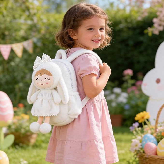Gloveleya Toddler Backpack Plush Bag with White Bunny Detachable Design 11-inch Gift for Girl