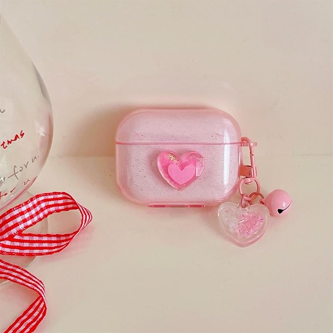 Pink Transparent Glitter with 3D Raised Heart Silicone Case for AirPods Pro 3 (2025) - Cute Shockproof Cover with Detachable Long Neck Lanyard, Travel Keychain, MagSafe Compatible,for Women